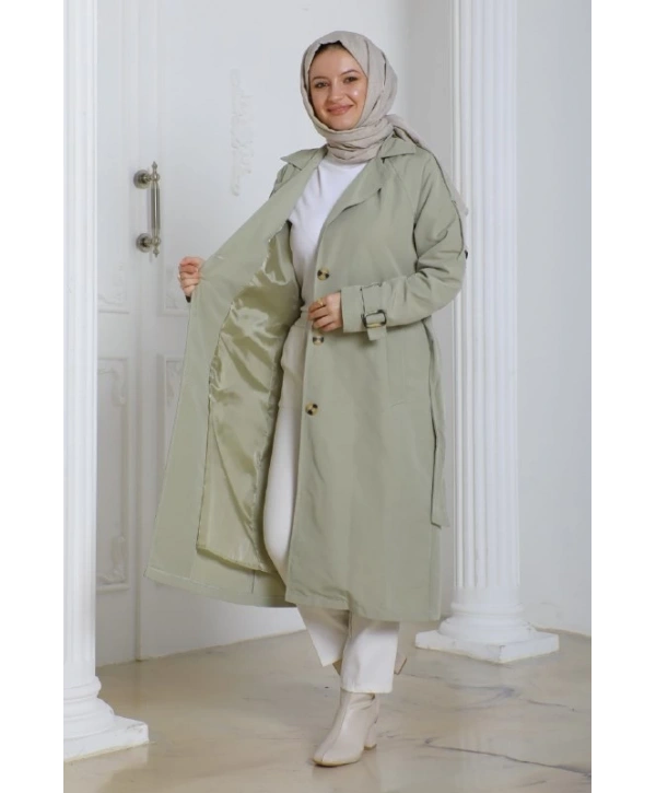Kadın Trençkot Kuşaklı / M0109 - yeşil