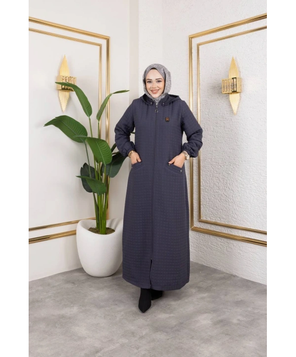 Kapüşonlu Kapitone Mont / Gri-M104