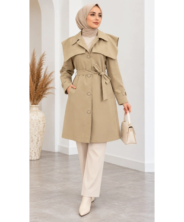 Kuşaklı Düğmeli Mevsimlik Trençkot - Bej / M0118