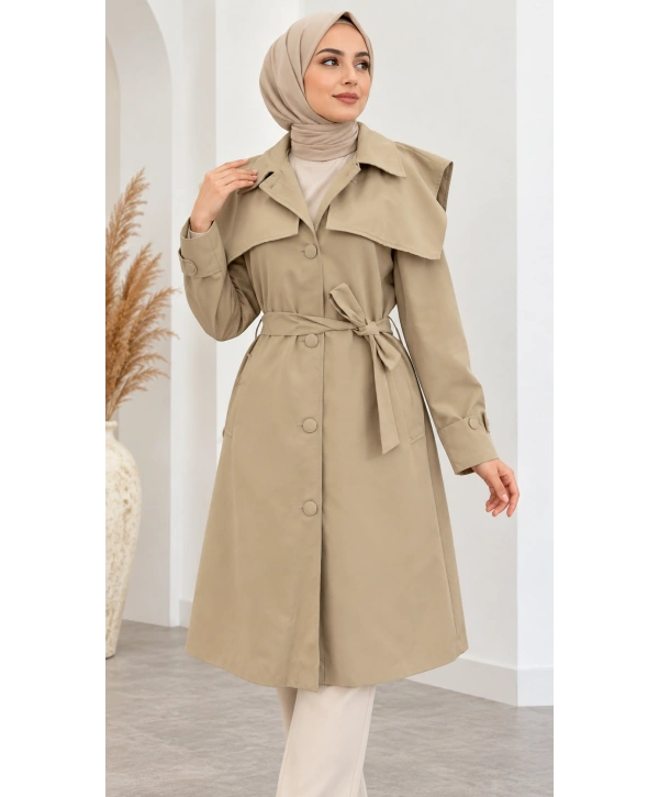 Kuşaklı Düğmeli Mevsimlik Trençkot - Bej / M0118