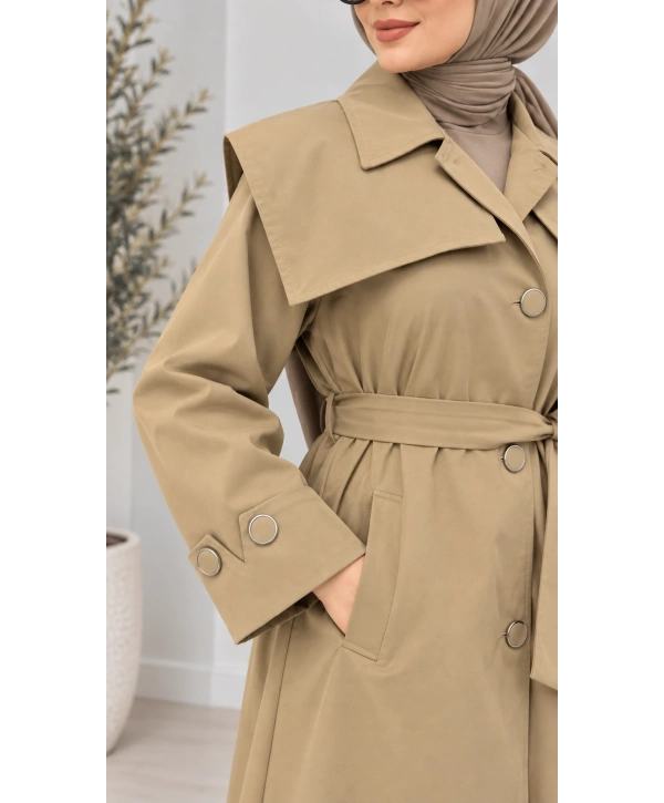 Kuşaklı Düğmeli Mevsimlik Trençkot - Camel / M0118