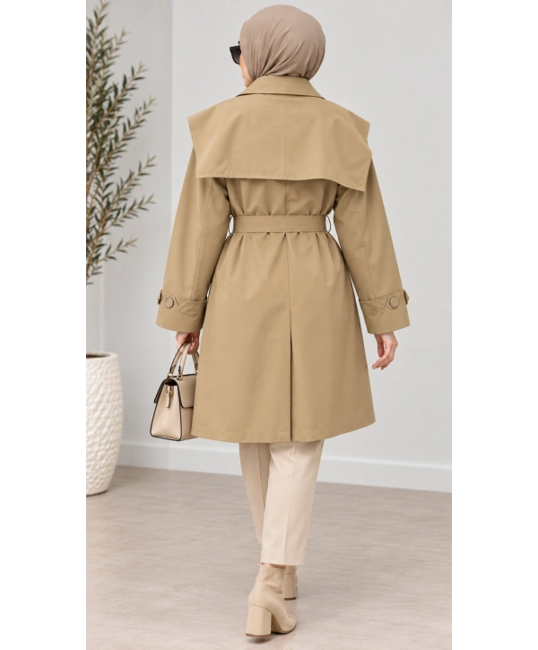 Kuşaklı Düğmeli Mevsimlik Trençkot - Camel / M0118