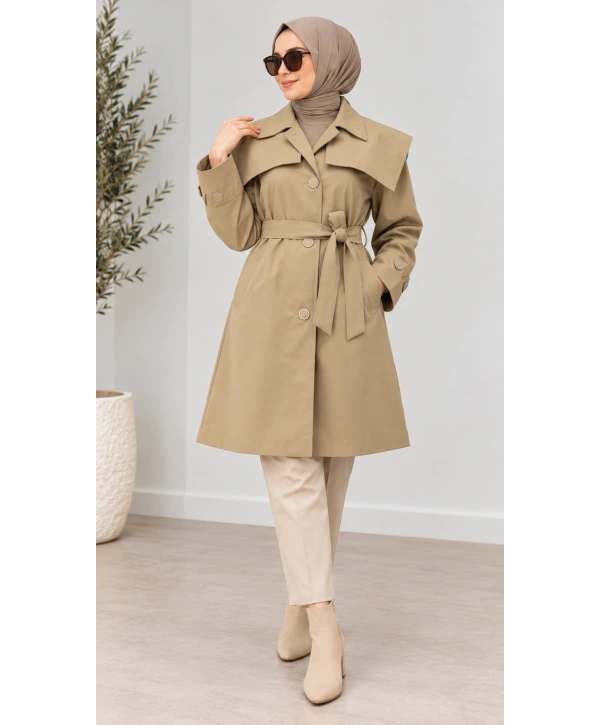 Kuşaklı Düğmeli Mevsimlik Trençkot - Camel / M0118