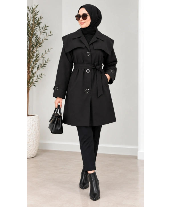 Kuşaklı Düğmeli Mevsimlik Trençkot - Siyah / M0118