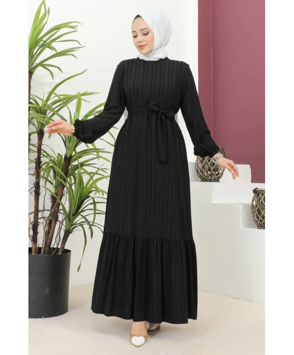 Lara Kumaş Bağlamalı Elbise - Siyah / E0124