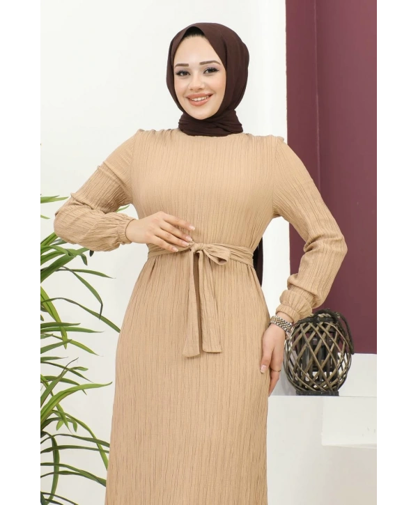 Lara Kumaş Bağlamalı Elbise - Vizon / E0124