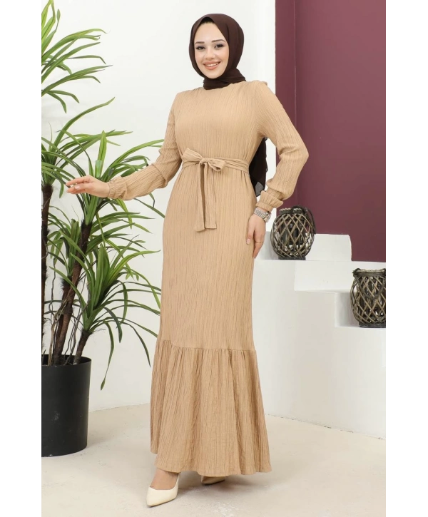 Lara Kumaş Bağlamalı Elbise - Vizon / E0124