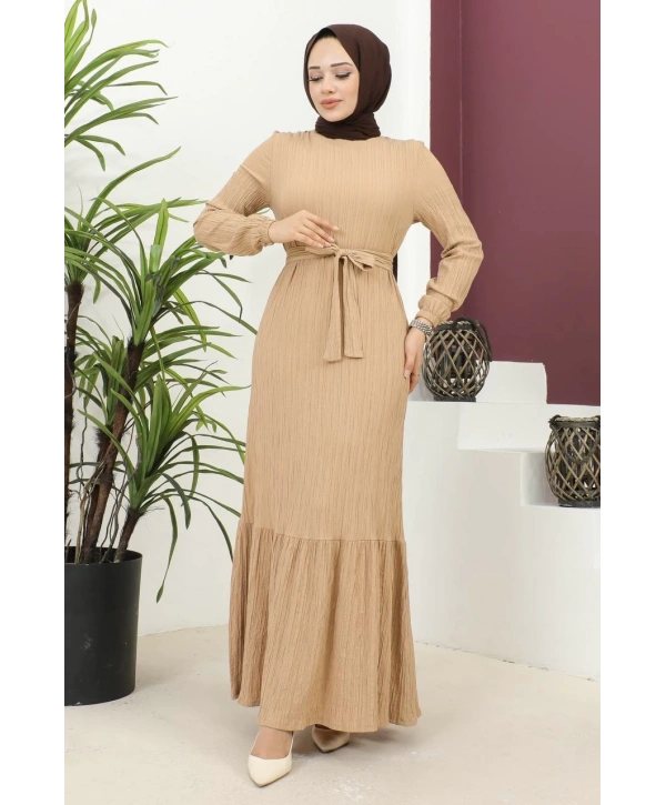 Lara Kumaş Bağlamalı Elbise - Vizon / E0124