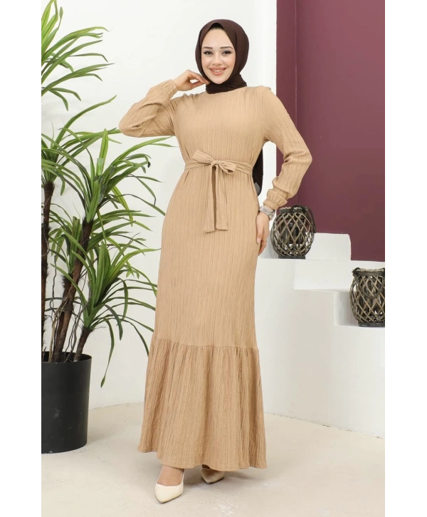 Lara Kumaş Bağlamalı Elbise - Vizon / E0124