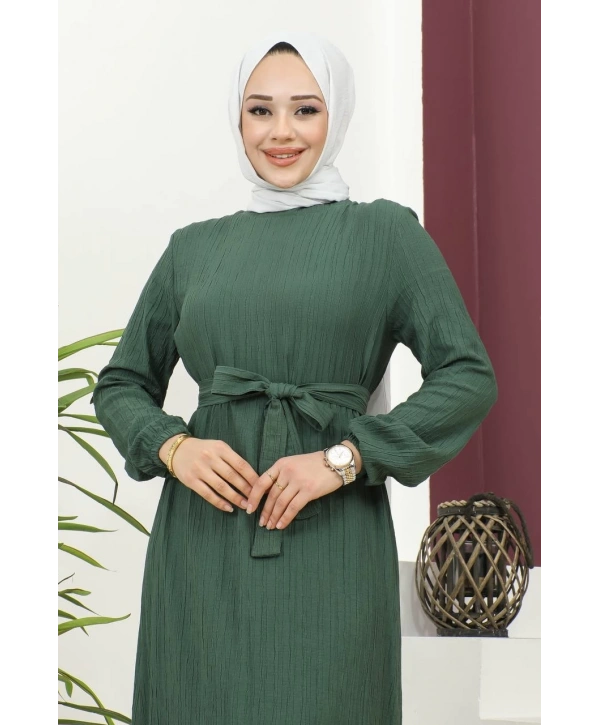 Lara Kumaş Bağlamalı Elbise - Zümrüt Yeşili / E0124