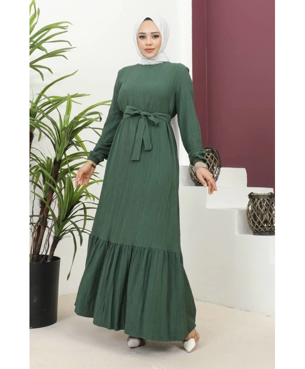 Lara Kumaş Bağlamalı Elbise - Zümrüt Yeşili / E0124