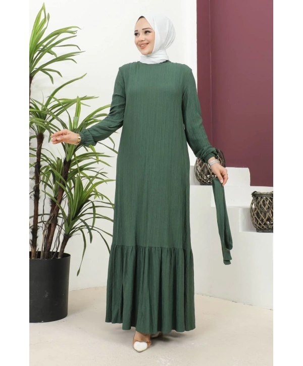 Lara Kumaş Bağlamalı Elbise - Zümrüt Yeşili / E0124