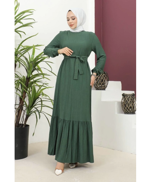 Lara Kumaş Bağlamalı Elbise - Zümrüt Yeşili / E0124