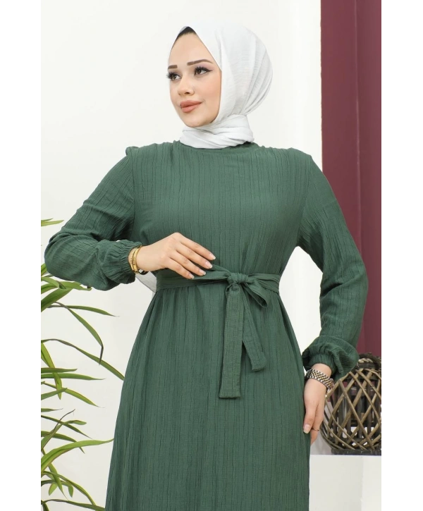 Lara Kumaş Bağlamalı Elbise - Zümrüt Yeşili / E0124