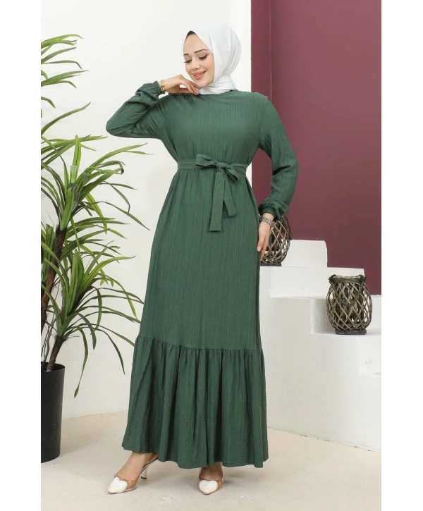Lara Kumaş Bağlamalı Elbise - Zümrüt Yeşili / E0124
