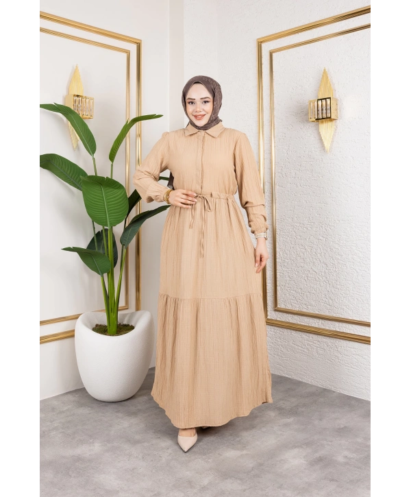 Lara Kumaş Yarım Düğmeli Kadın Elbise - Bej / E0121