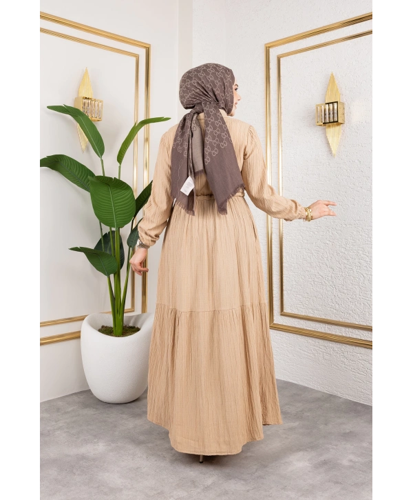 Lara Kumaş Yarım Düğmeli Kadın Elbise - Bej / E0121