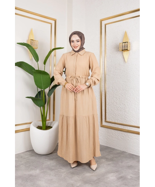 Lara Kumaş Yarım Düğmeli Kadın Elbise - Bej / E0121