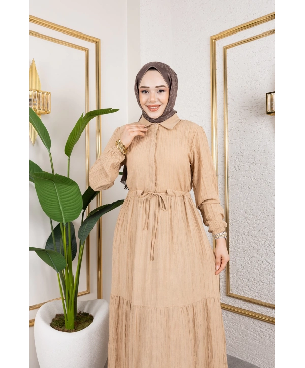 Lara Kumaş Yarım Düğmeli Kadın Elbise - Bej / E0121