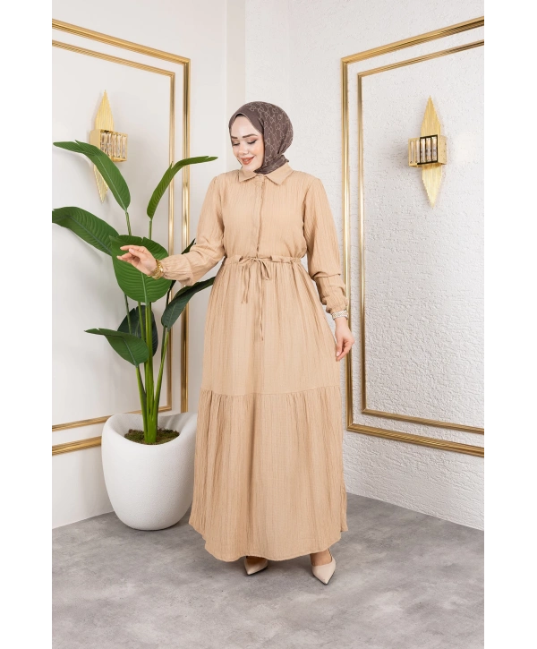Lara Kumaş Yarım Düğmeli Kadın Elbise - Bej / E0121