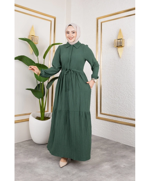 Lara Kumaş Yarım Düğmeli Kadın Elbise - Haki / E0121