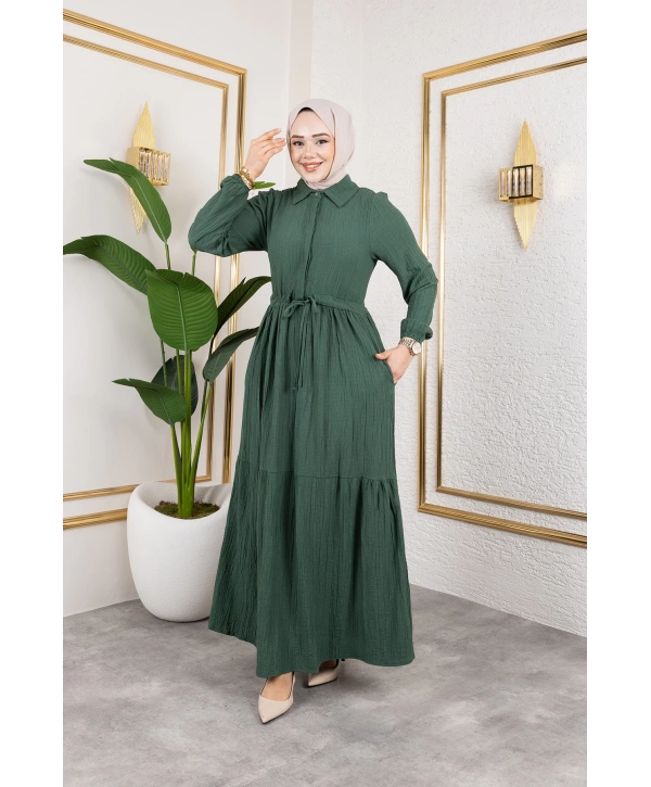 Lara Kumaş Yarım Düğmeli Kadın Elbise - Haki / E0121