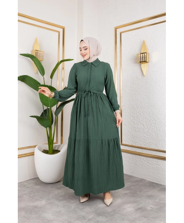 Lara Kumaş Yarım Düğmeli Kadın Elbise - Haki / E0121