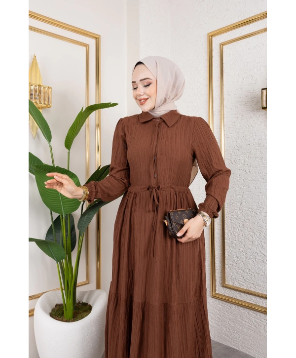 Lara Kumaş Yarım Düğmeli Kadın Elbise - Kahverengi / E0121