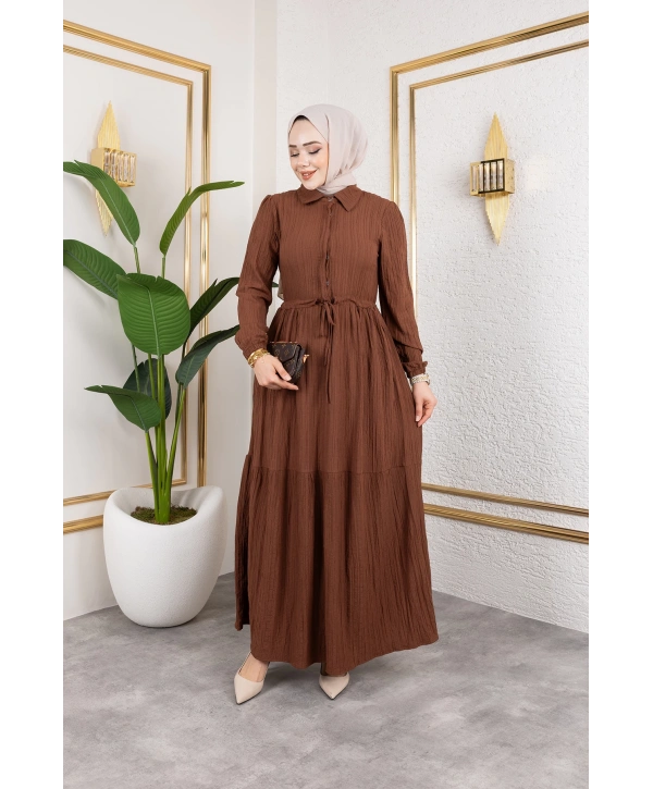 Lara Kumaş Yarım Düğmeli Kadın Elbise - Kahverengi / E0121