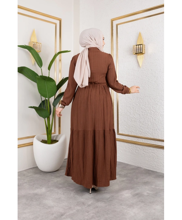 Lara Kumaş Yarım Düğmeli Kadın Elbise - Kahverengi / E0121