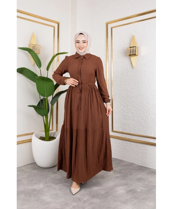 Lara Kumaş Yarım Düğmeli Kadın Elbise - Kahverengi / E0121