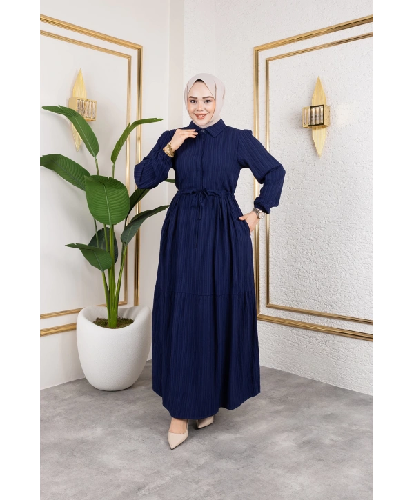 Lara Kumaş Yarım Düğmeli Kadın Elbise - Lacivert / E0121