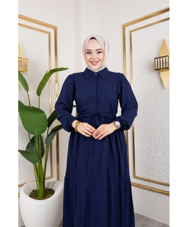 Lara Kumaş Yarım Düğmeli Kadın Elbise - Lacivert / E0121