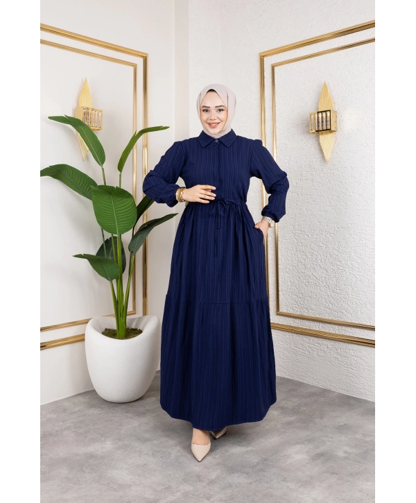 Lara Kumaş Yarım Düğmeli Kadın Elbise - Lacivert / E0121