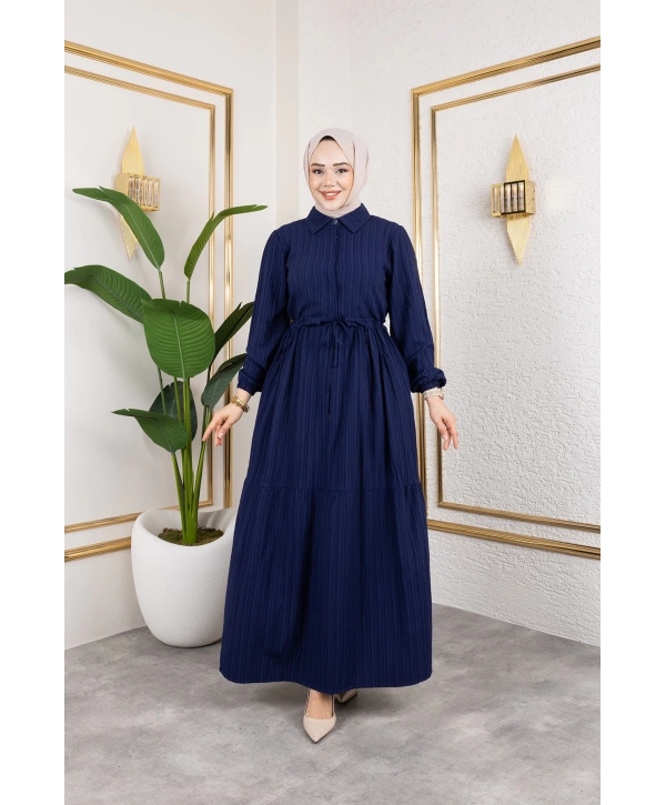 Lara Kumaş Yarım Düğmeli Kadın Elbise - Lacivert / E0121