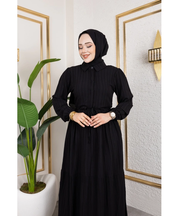 Lara Kumaş Yarım Düğmeli Kadın Elbise - Siyah / E0121