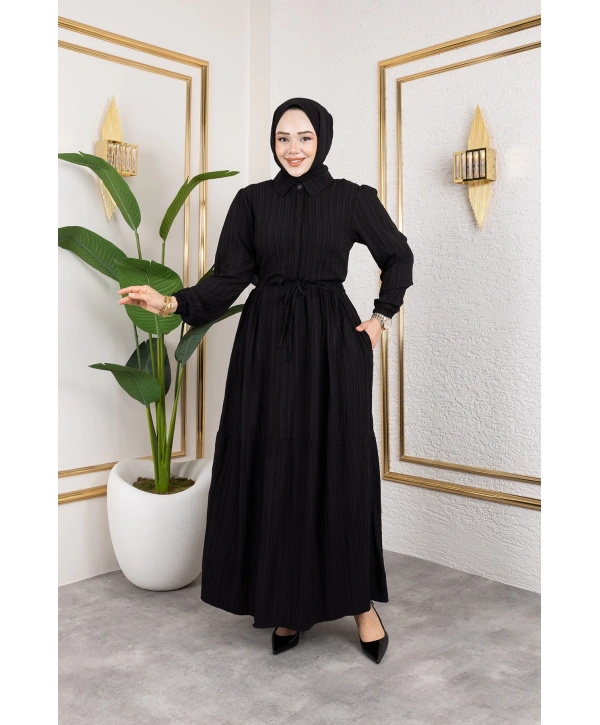 Lara Kumaş Yarım Düğmeli Kadın Elbise - Siyah / E0121