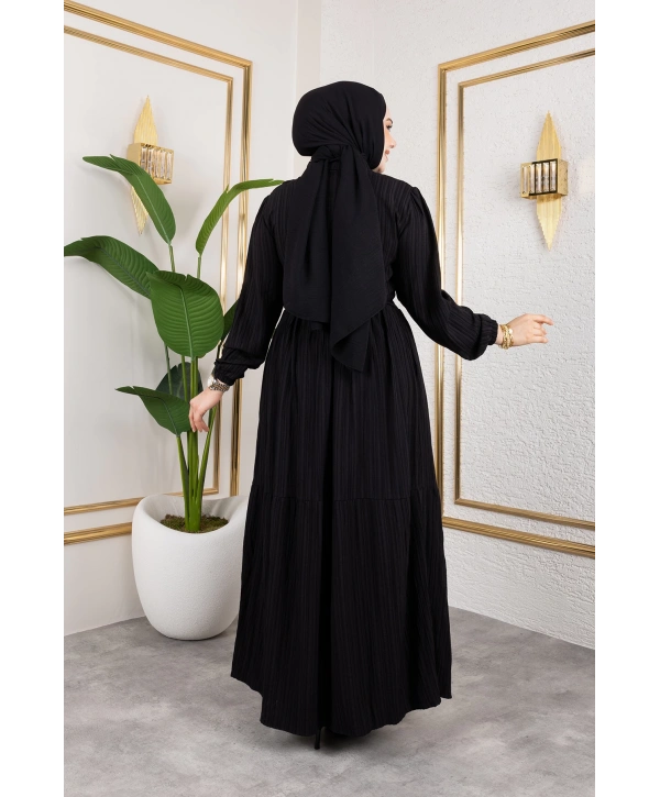 Lara Kumaş Yarım Düğmeli Kadın Elbise - Siyah / E0121