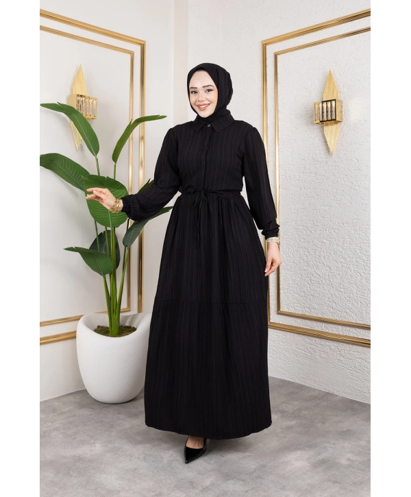 Lara Kumaş Yarım Düğmeli Kadın Elbise - Siyah / E0121