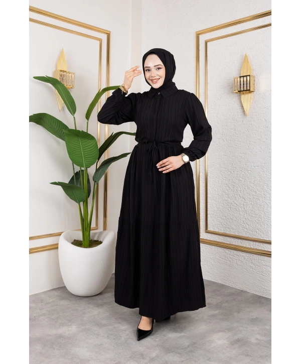 Lara Kumaş Yarım Düğmeli Kadın Elbise - Siyah / E0121