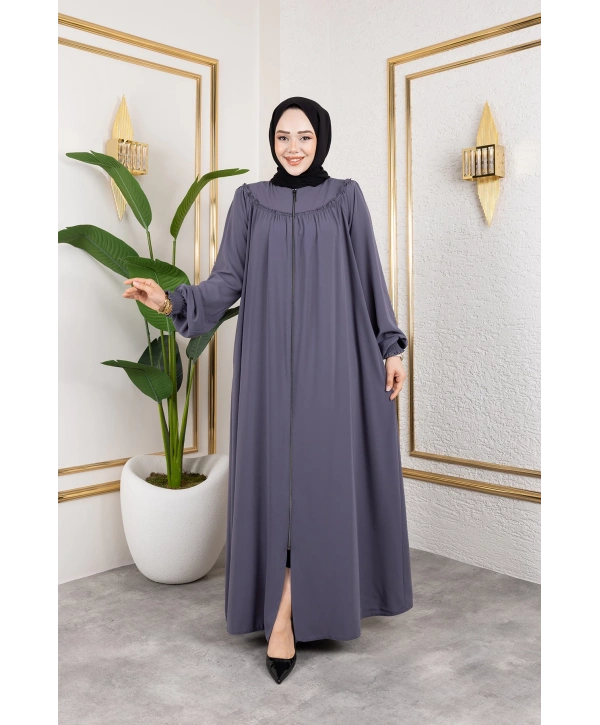 Robalı Medine İpeği Kumaş Rahat/Salaş Kesim Ferace - Gri / F142