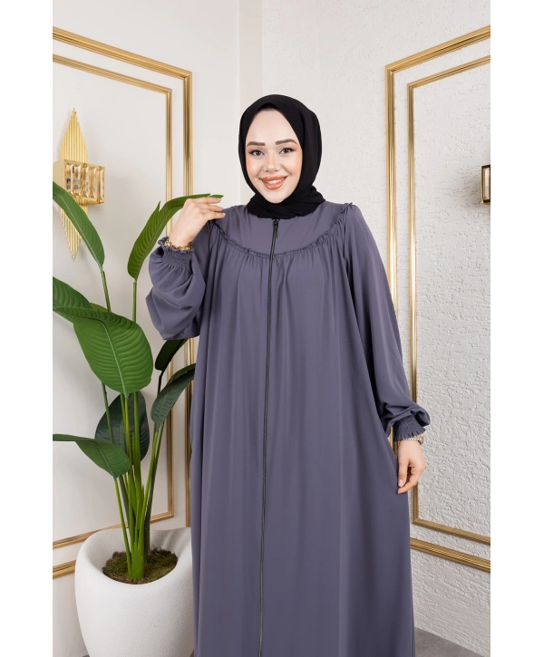 Robalı Medine İpeği Kumaş Rahat/Salaş Kesim Ferace - Gri / F142