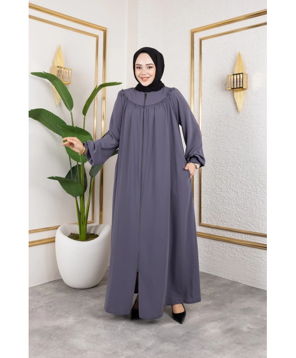 Robalı Medine İpeği Kumaş Rahat/Salaş Kesim Ferace - Gri / F142