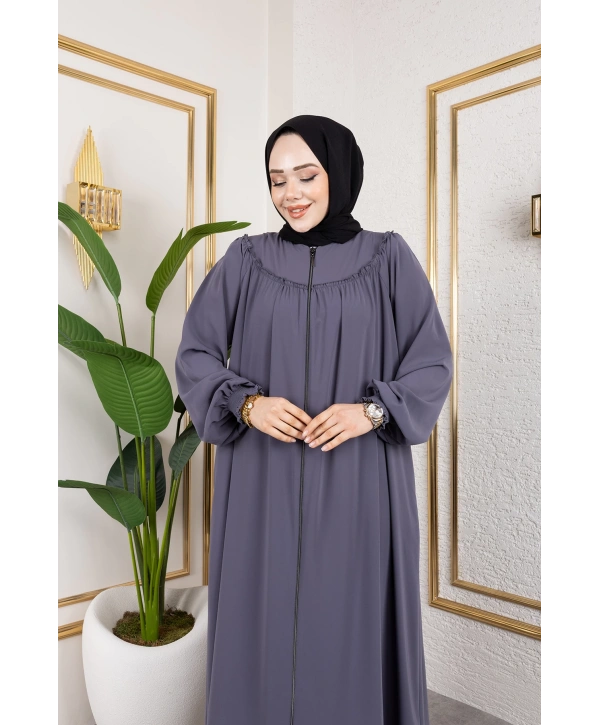 Robalı Medine İpeği Kumaş Rahat/Salaş Kesim Ferace - Gri / F142