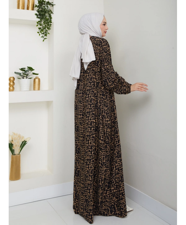 Büzgü Detaylı Rahat Kesim Anne Elbisesi - Siyah/Taba / E0130