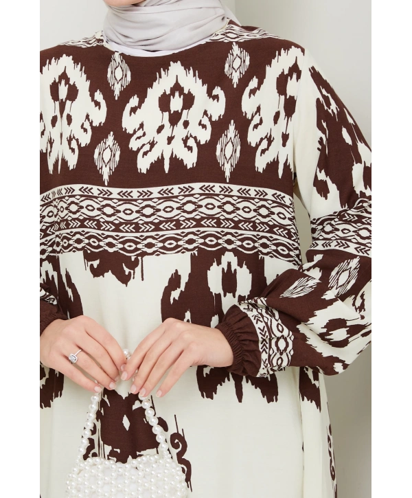 Renkli Desenli Viskon Elbise - Kahverengi / E0122