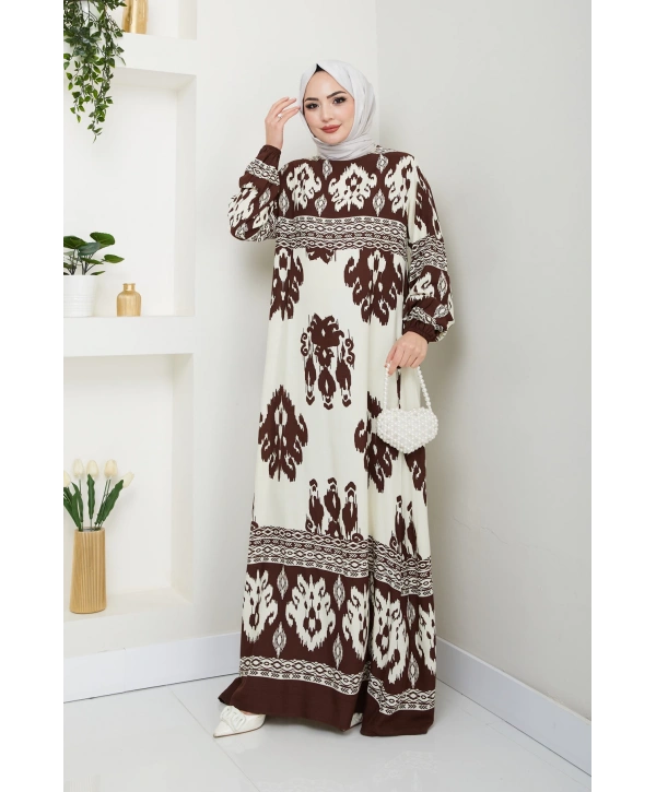 Renkli Desenli Viskon Elbise - Kahverengi / E0122