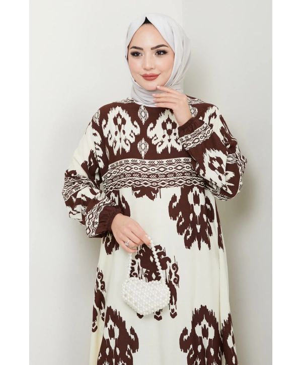 Renkli Desenli Viskon Elbise - Kahverengi / E0122