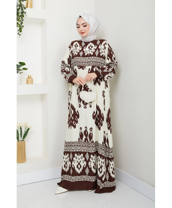 Renkli Desenli Viskon Elbise - Kahverengi / E0122