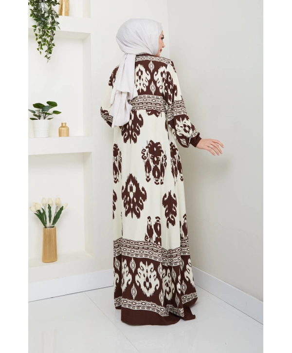 Renkli Desenli Viskon Elbise - Kahverengi / E0122